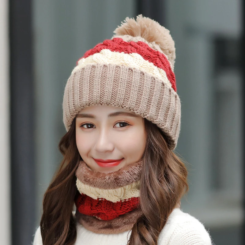 New Brand Winter Hats Women Thick Knit Warm Beanies Hat Bib Female Windproof Cycling Wool Stitching knitting Hedging Caps Sets 2