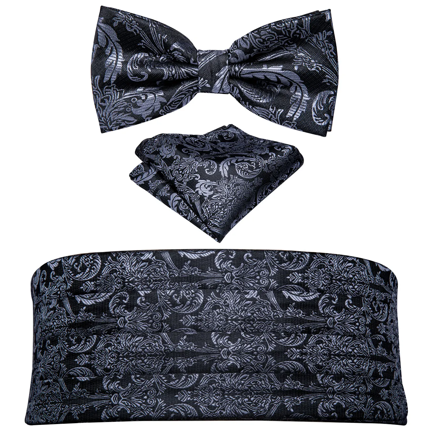 Black Paisley Men Cummerbund Silk Floral Bow Tie Set Pocket Square gemello formale smoking Suit accessori Barry.Wang B-100