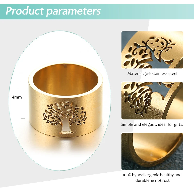 Tree of Life Rings Stainless Steel Gold Color For Women Hollow Finger Ring Tree Pattern Girl Luxury Party Wedding Rings Jewelry