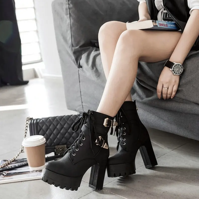 Sianie Tianie lady platform thick block high heels woman shoes lace up buckle strap women ankle boots plus size 33-48 45 46 47