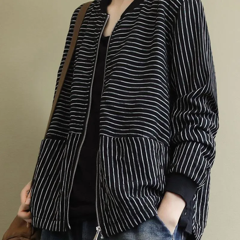 New 2021 Spring Autumn Korea Fashion Women Long Sleeve Casual Striped Short Coats Cotton Loose Zipper Jackets M494