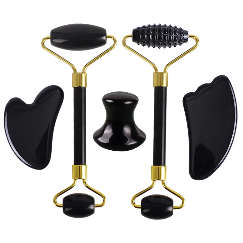 Natural Black Obsidian Face Massager Gouache Scraper Gua Sha Massage Tool Set Jade Roller Gouache For Face Jade Massage Roller