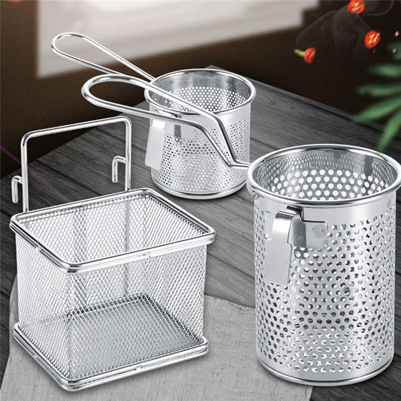 

Stainless Steel Hot Frying Fried Basket Pan Filter Food Colander Oil Leak Cocoa Sieve Mesh Noodle Dumplings Strainer Convenient
