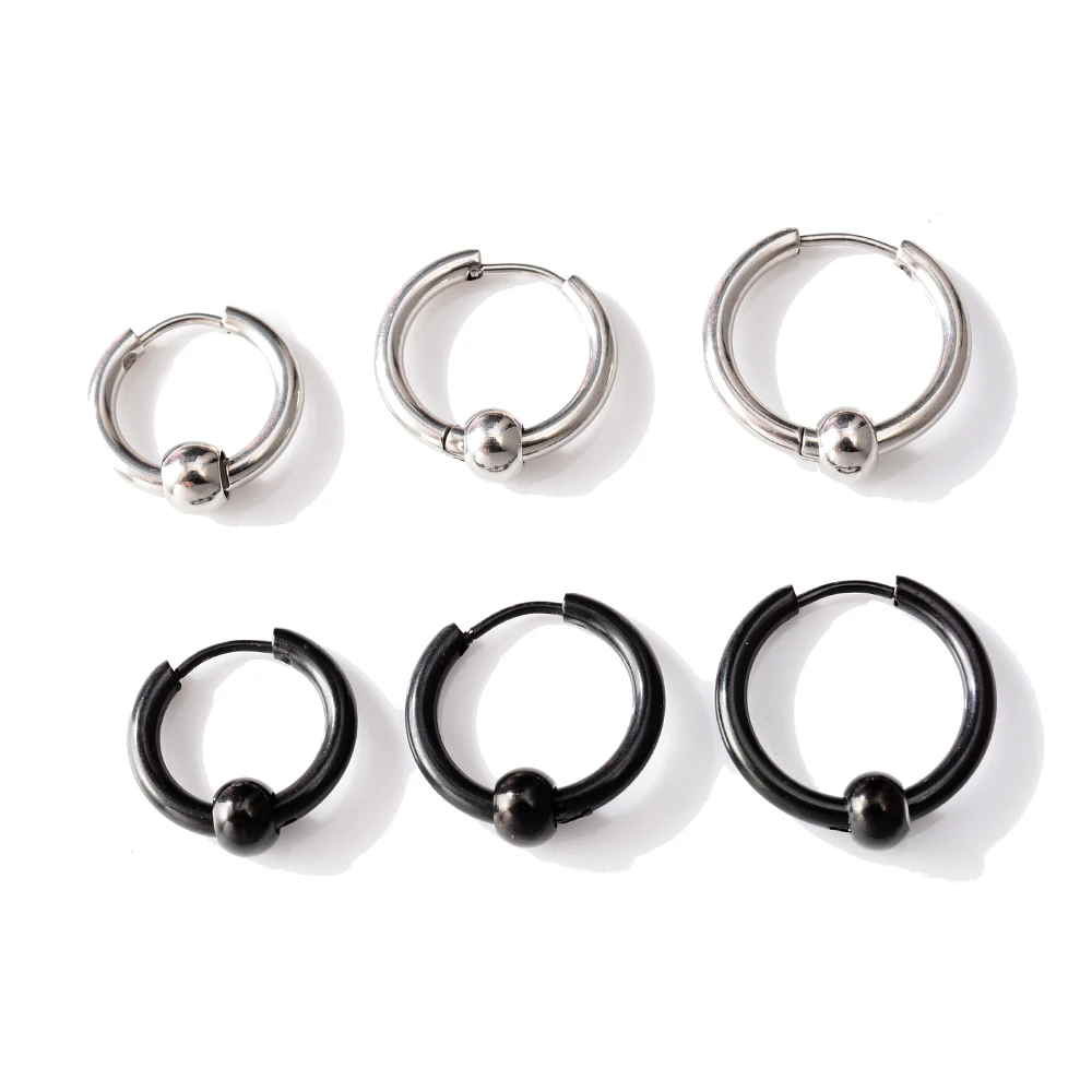 

2 pc Stainless Steel Small Hoop Earring for Men Ear Ring with Ball Bead Brinco Circle Black Piercing Earrings Bar Jewelry