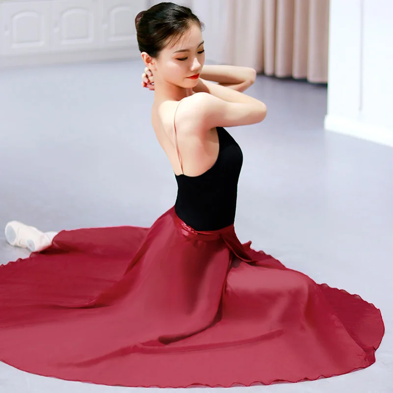 Adults Women Ballet Dance Skirts Long Chiffon Dance Skirts Lyrical Soft Ballet Dress Black Burgundy Translucent Dance Costumes