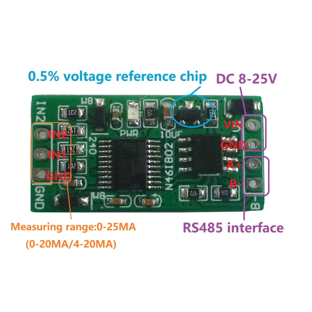 N46IB02 4-20MA for PLC Instrumentation measurement DC 12V 2ch 0-20MA Current Analog Acquisition RS485 Modbus RTU ADC Module