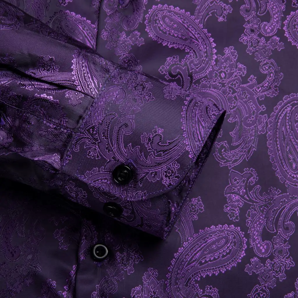 Elegant Purple Paisley Mens Silk Shirts Jacquard Long Sleeve Casual Lapel Shirts for Male Business Party Wedding Designer Hi-Tie