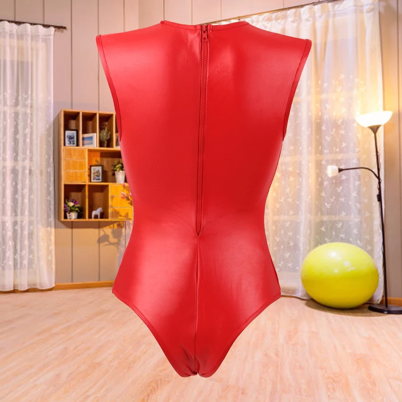 Ohyeahlady Sexy Leather Bodysuit Lingeries Oversized Hollow Out Zipper Round Neck Sleeveless Open Bust Rompers Women's Jumpsuit