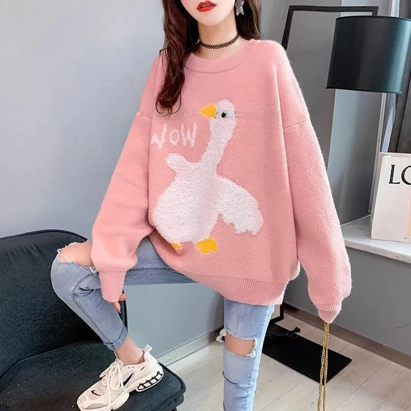 Autumn Basic Long Sleeve Cute Duck Print Pullover Sweater Women Harajuku O-neck Oversize Student Womens Sweaters New Loose Tops