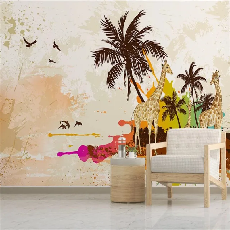 Milofi custom 3D wallpaper mural watercolor sea coconut tree giraffe background wall living room decoration painting wallpaper