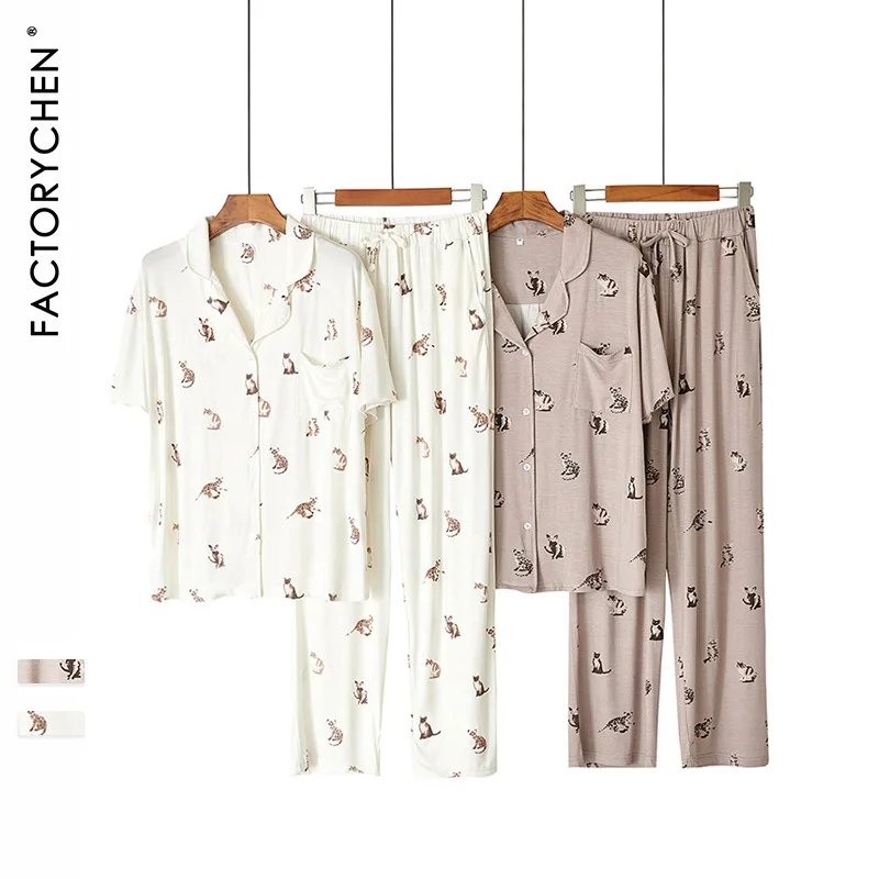 Modal Pajamas Women'S Lapel Short-Sleeved Trousers Cat Cute Loose Casual Skin-Friendly Home Service Suit Loungewear Sleep Set