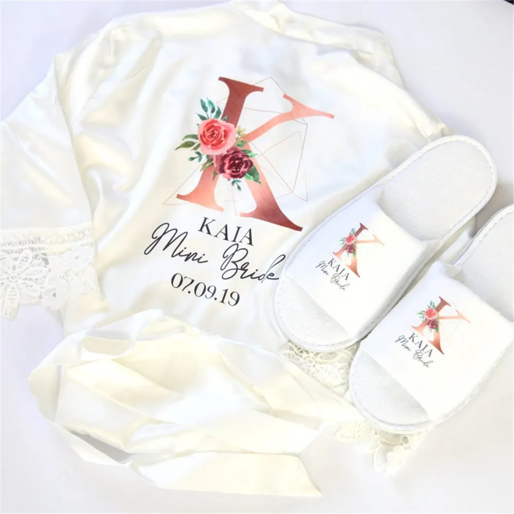 Lace Sleeve Sexy Women Nightwear Peignoir Mariage Wedding Silk Female Bathrobes Bridemaid Robes &Slipper Set Personalized Name