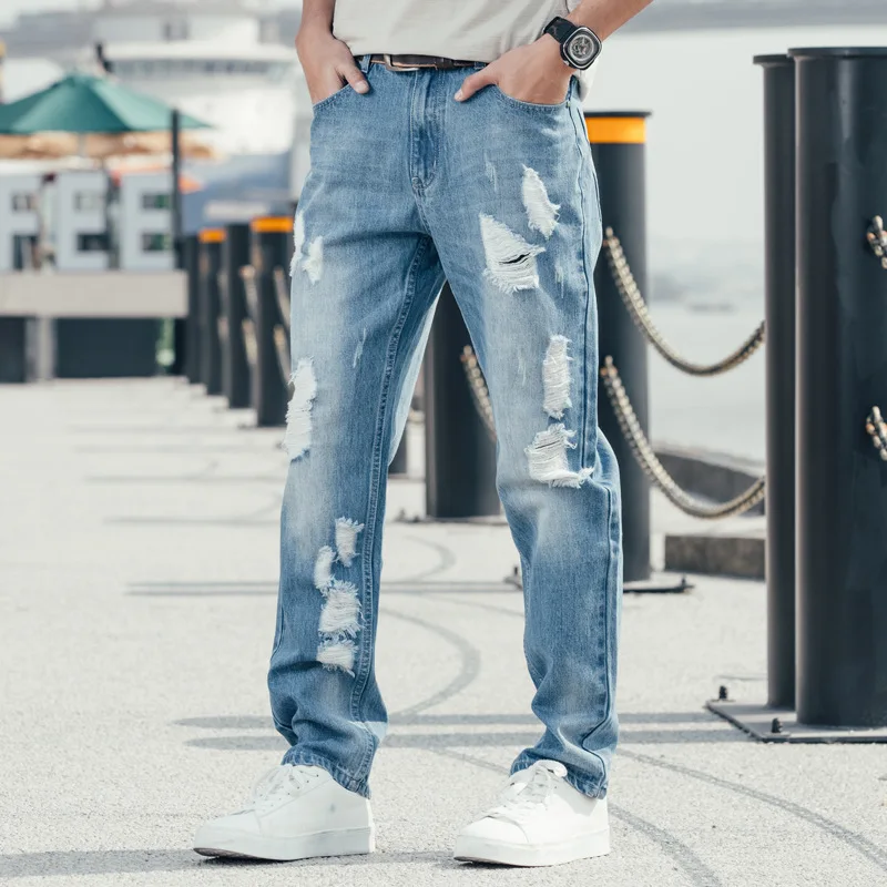 Spring and Autumn Men Hole Baggy Jeans Straight Large Size Wide Leg Denim Pants Blue Leisure Loose Hip Hop Streetwear Ragged Jea