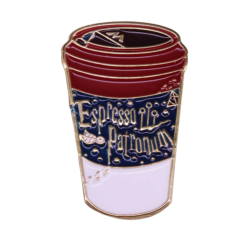 Shimmer coffee cup brooch with the words espresso patronum as a funny play on words from the magic spell expecto patronum!