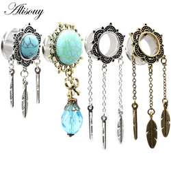 Alisouy 2pcs Stone Water Drop Leaf Pendant Stainless Steel Ear Plug Tunnel Expander Flare Stretcher Gauges Piercing Body Jewelry