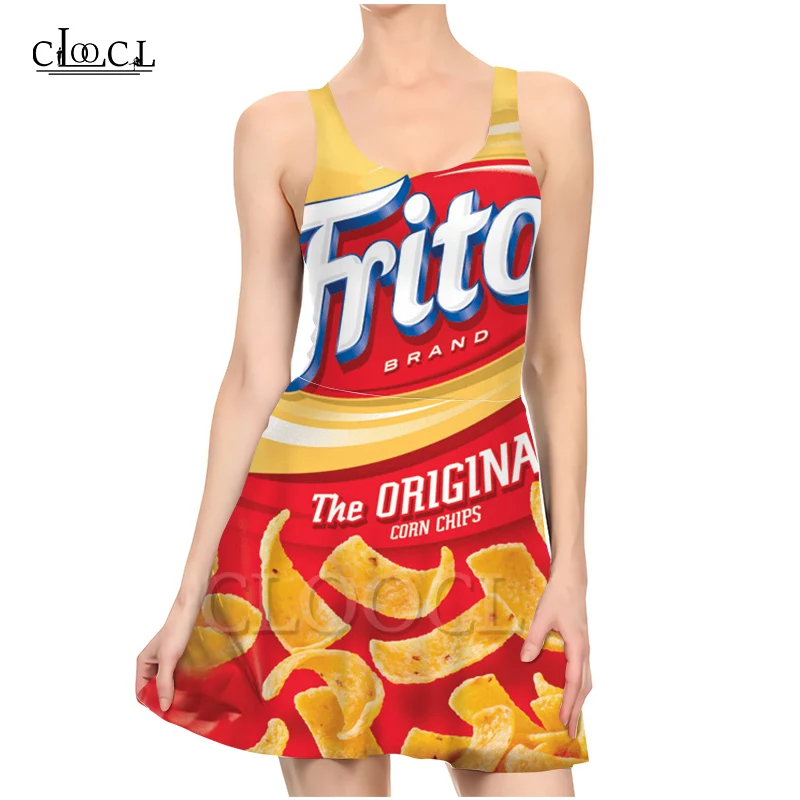 

CLOOCL Newest Delicious Potato Chips Fashion Elegant 3D Print Pleated Dresses Sleeveless Sexy Women's Slim Beach Summer Dress