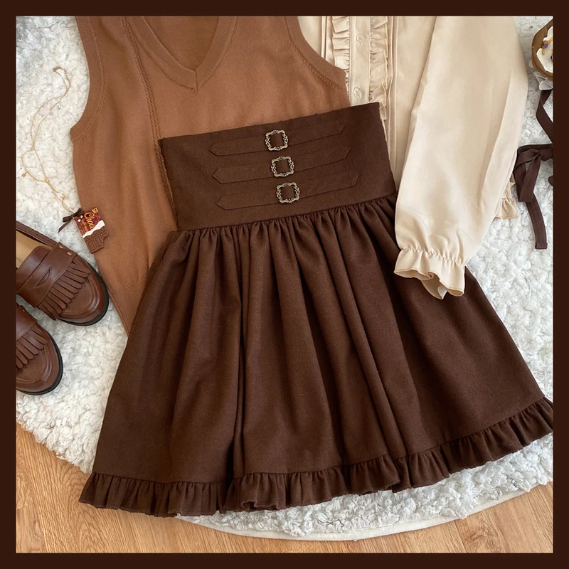 Fashion High Waist Skirt Women Girls Lolita Kawaii Gothic Black Elegant Vintage Mini Pleated Tutu Ruffle A Line Brown Puff Skirt