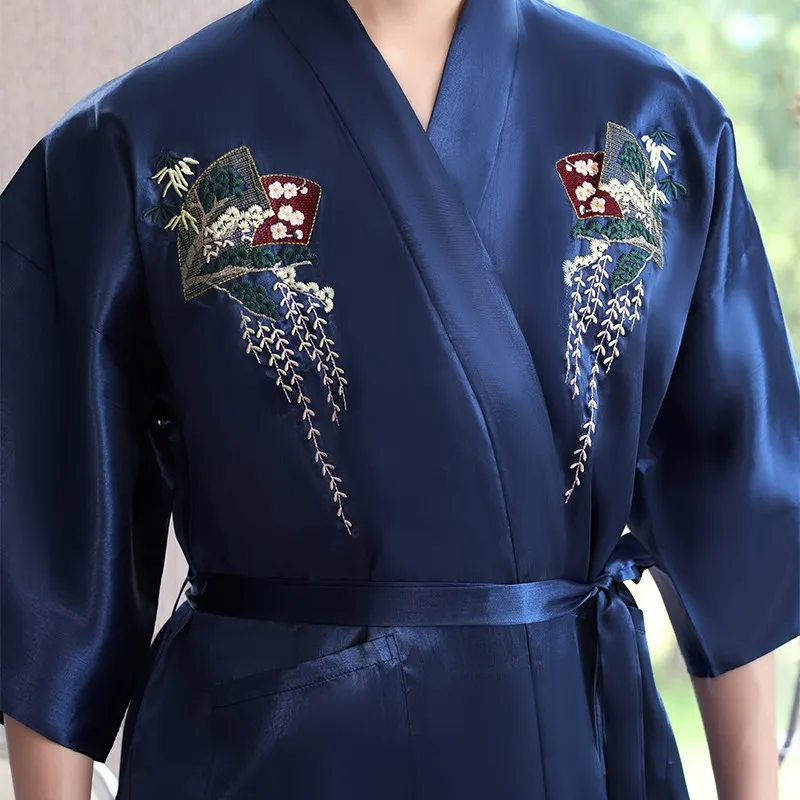 Embroidery Male Kimono Bathrobe Gown Chinese Style Sleepwear Casual Nightgown Loose Nightwear Lingerie Satin Silk Lounge Wear