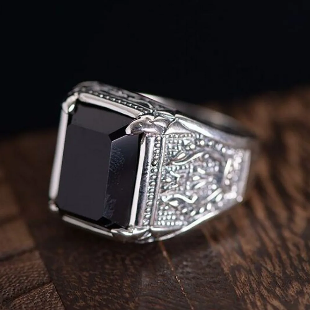 BOCAI Real Pure S925 Sterling Silver Vintage Thai Lace Inlaid Square Cut Face Black Stone Man's Ring