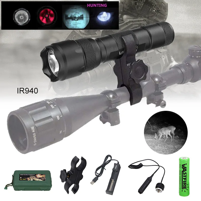 502B IR 850nm/940nm LED Flashlight Tactical Hunting Hog Night Vision IR Fill Light+Rifle Scope Mount+Tail Switch+18650+Charger