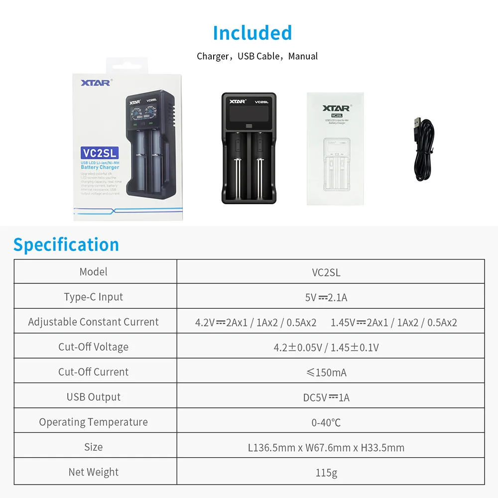 XTAR 18650 Battery Charger Powerbank Function USB Type-C Charging Rechargeable Li-ion Batteries 21700 1.2V AAA AA Charger VC2SL