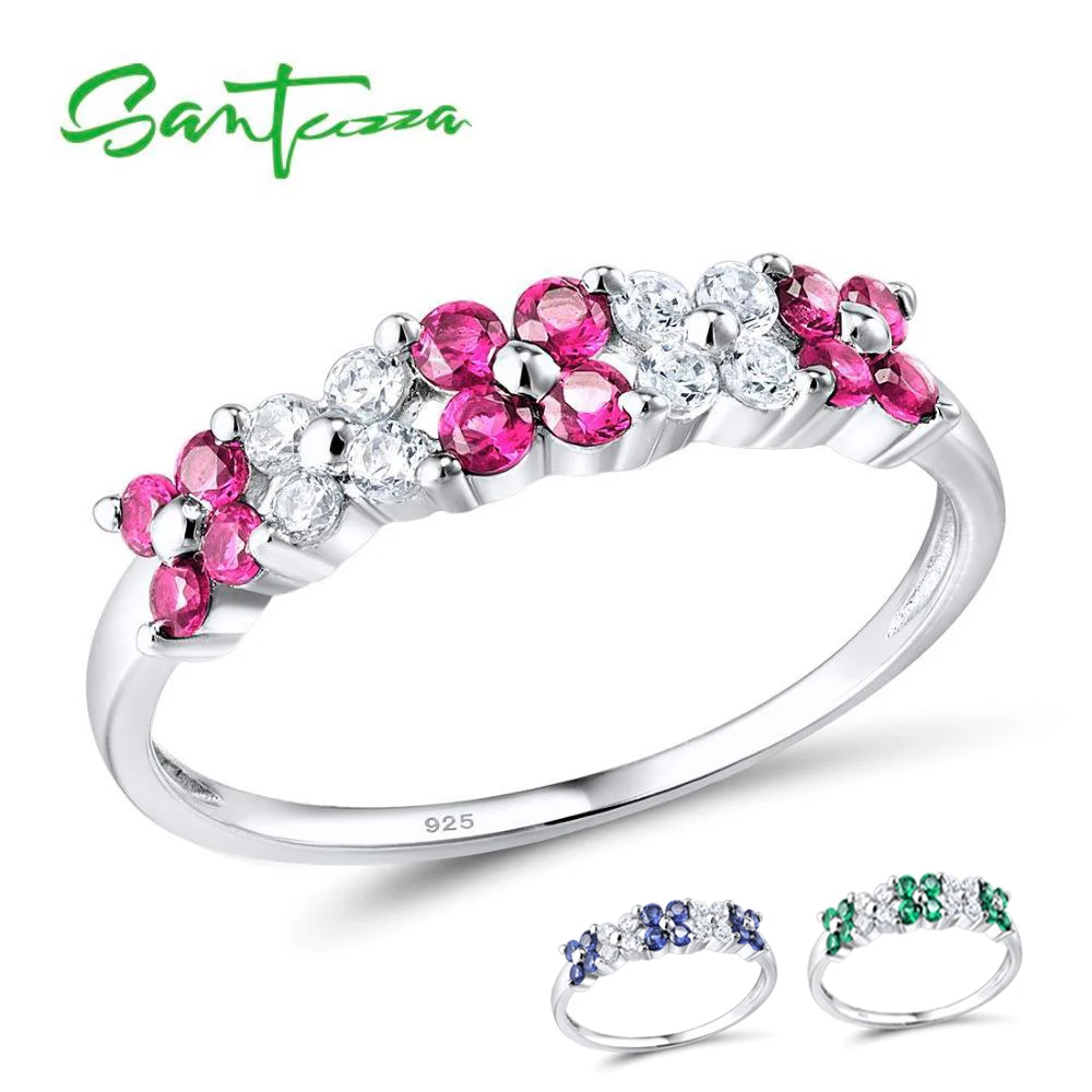 SANTUZZA 925 Sterling Silver Ring For Women Shiny Created Ruby Green Spinel Blue Cubic Zirconia Elegant Flowers Party Jewelry