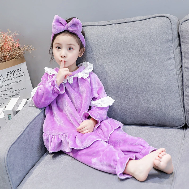 

Girls Spring Fall Flannel Pajamas Set Princess 2pcs Kids Pajamas With Headband Childrens Warm Fleece Warm Sleepwear Home Clothes