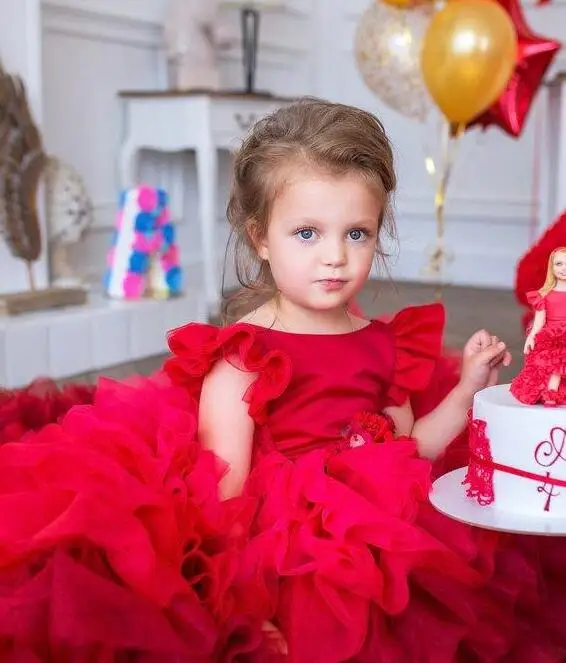 Rosso 2020 Abiti Fiore Per Le Ragazze Per La Cerimonia Nuziale Bateau Collo Appliqued Del Bambino Pageant Abiti di Tulle del Treno Lungo I Bambini Abiti di Promenade