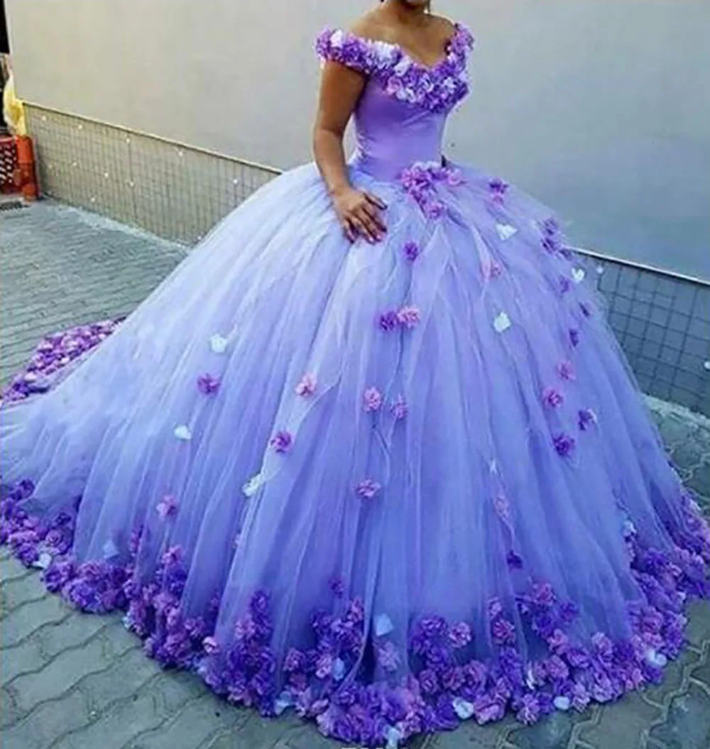 

Lavender Off Shoulder Quinceanera Dresses 3D Rose Flowers Puffy Ball Gown Orange Tulle Court Train Sweet 16 Birthday Party