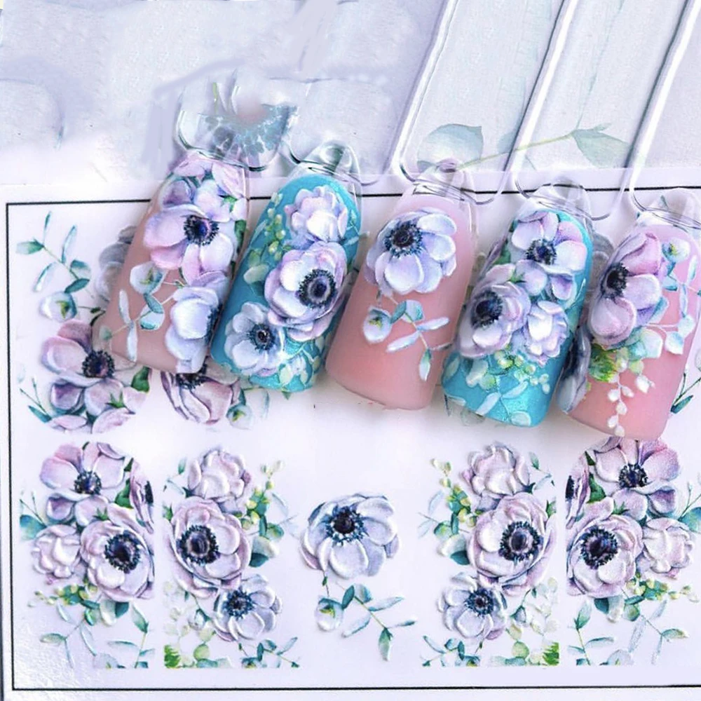

Hot 3D Acrylic Engraved flower Nail Sticker pretty girl Purple Flower Water Decals Empaistic Nail Water Slide Decals Z0338