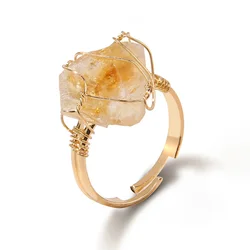 Irregular Citrines Rings For Women Men Wire Wrapped Natural Quartzs Raw Stone Finger Ring Couple Resizable Ring Wedding Party