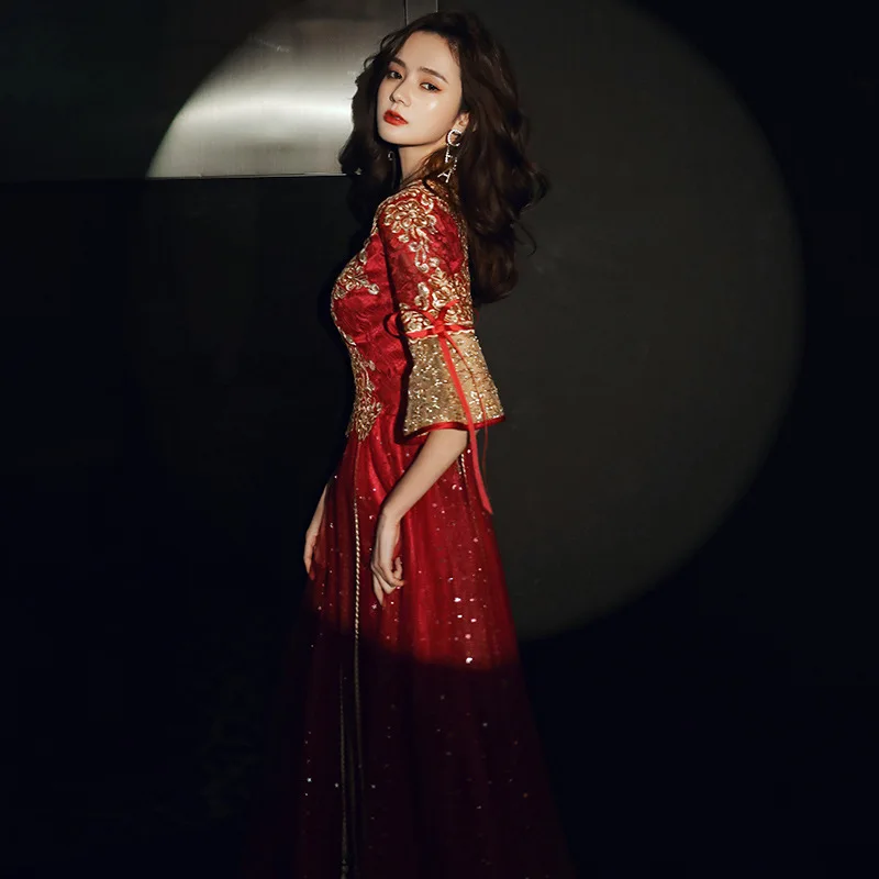 Sexy Sequins Embroidered Flared sleeve Prom Dress Evening Gown Qipao Cheongsam Luxurious Chinese Wedding Evening Dress