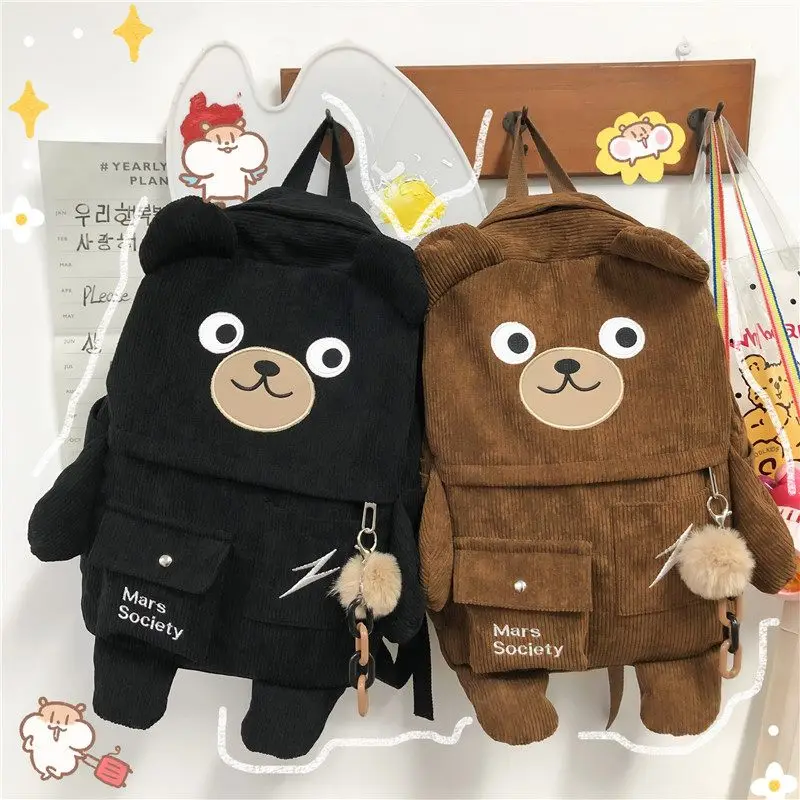 New Creative Cartoon Backpack Women Cute Bear Casual Backpacks Large Corduroy Embroidery Schoolbag For Teenage Student 2021