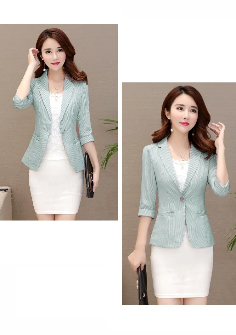 Elegant Women's Stripe 3/4 Sleeve Suit Jacket 2026 Spring Summer Thin Slim Outwear Single Button Female Office Blazer Coat Tops
