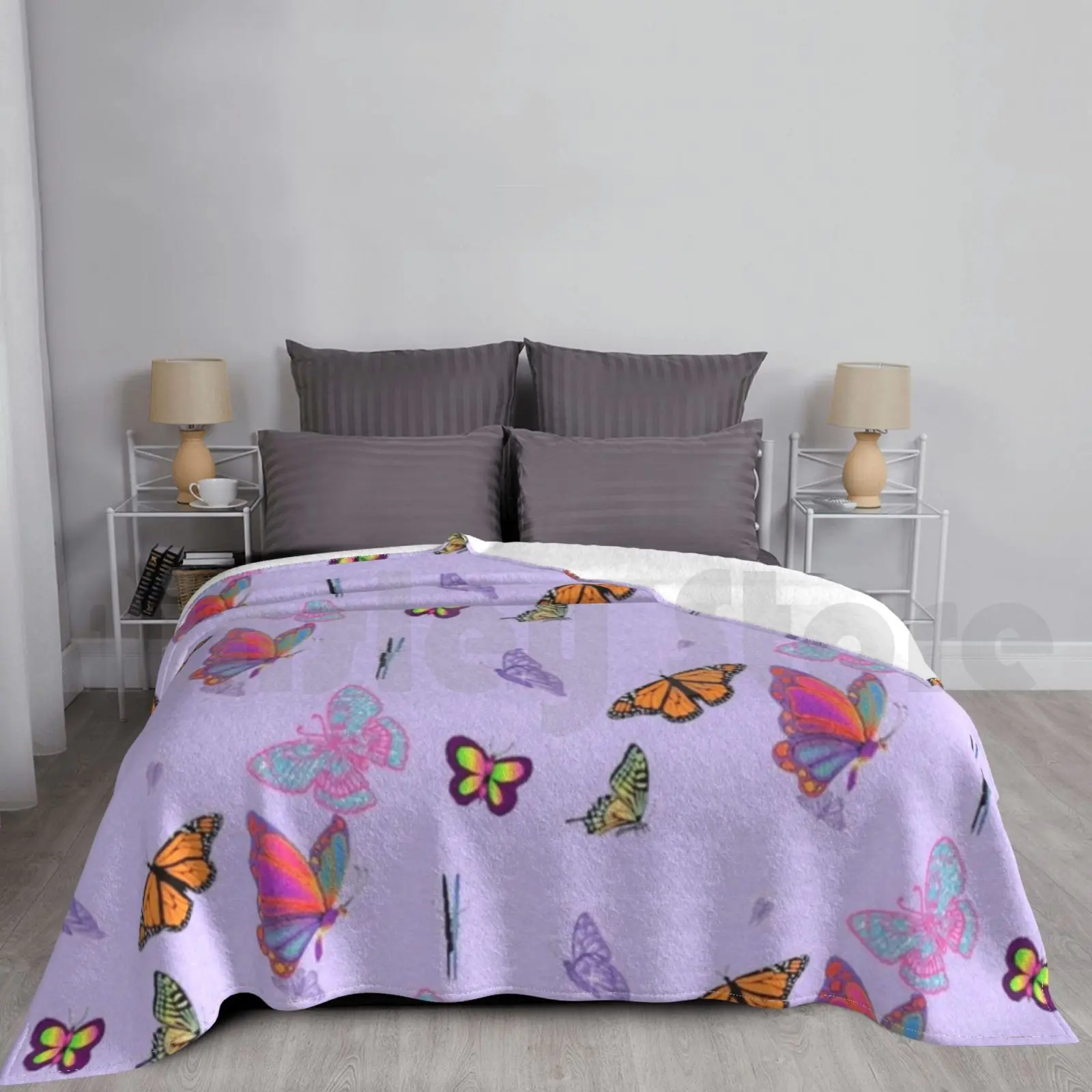 

Multicoloured Butterflies Blanket For Sofa Bed Travel Multicoloured Butterflies Pastel Pattern Cute Puprle