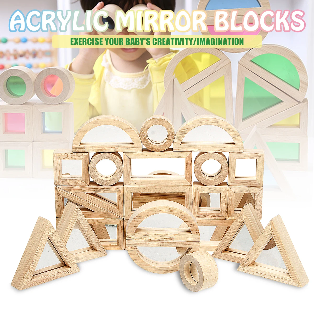 Wooden Mirror Blocks Construction Building Learning Kids Gift Stacking Block