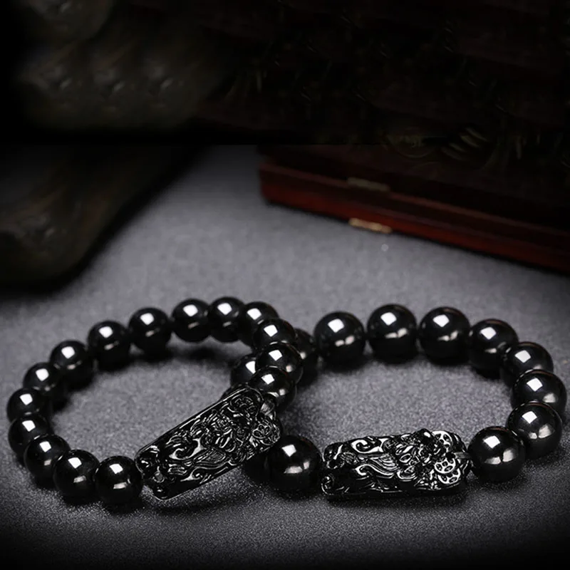 Obsidian Pixiu Bracelet Buddhist Prayer Blessing Bangle Natural Stone Beads Wristband Feng Shui  Health Wealth Protection