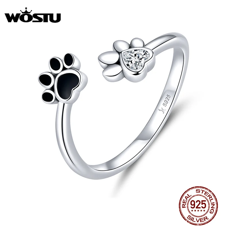 WOSTU 100% 925 Sterling Silver Paw Dog Pets\' Footprint Ring For Women Wedding Engagement Adjustable Rings Fashion Jewelry CQR605