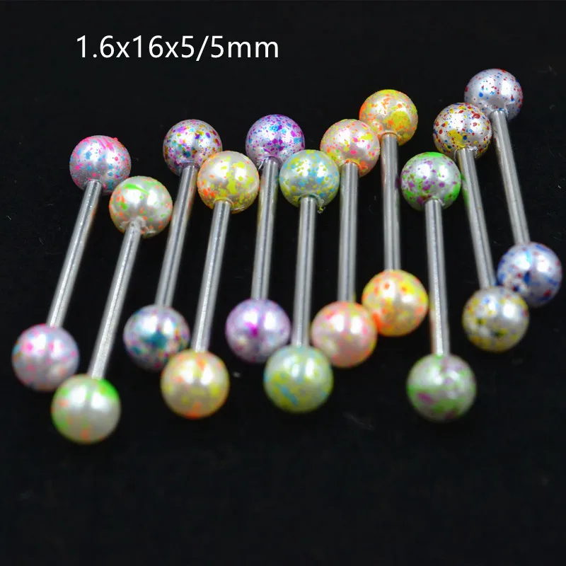 

100pcs Body Piercing Jewelry-New Colorful Balls Tongue Ring Bar Tongue Straight Nipple Barbells 14Gx16x5/5mm Body Piercing