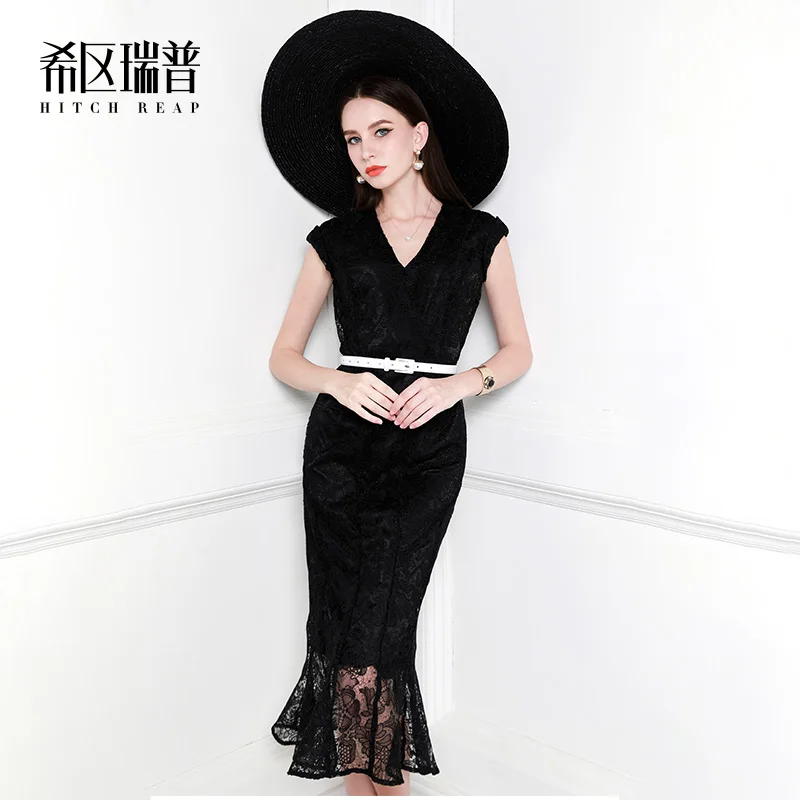 High End Celebrity Black Lace Fishtail Skirt 2021 Summer V-Neck Dress Temperament Slim Dress Girl