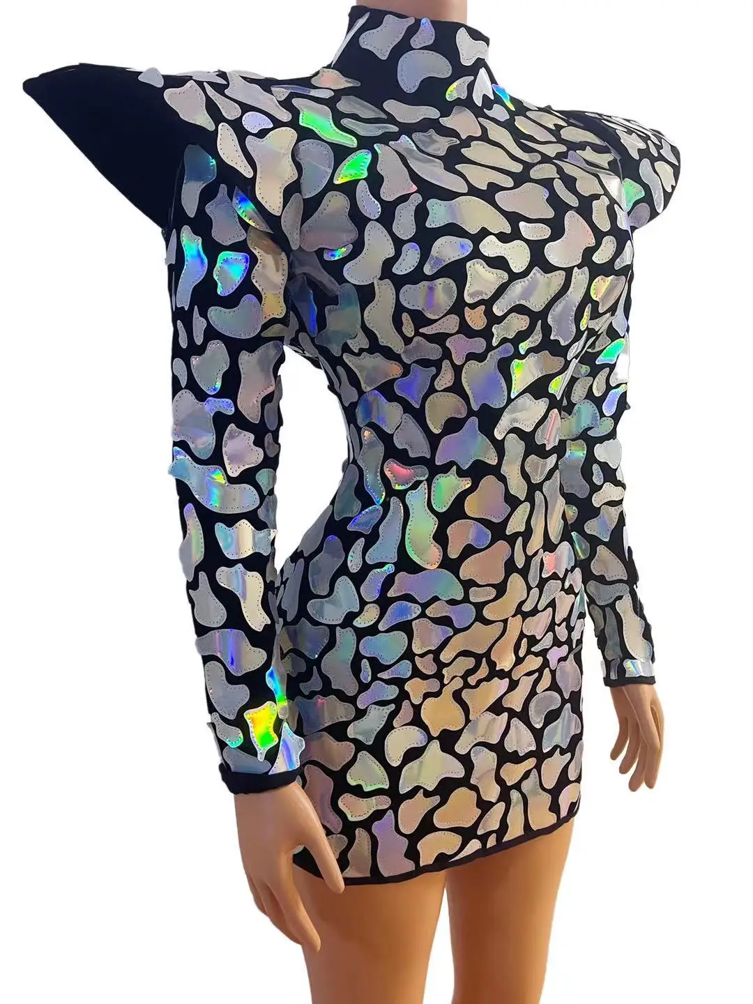 Cool Nightclub Women Singer Models Stage Performance Costume Silver Laser Faux Mirrors Sequins Dress Evening dresses