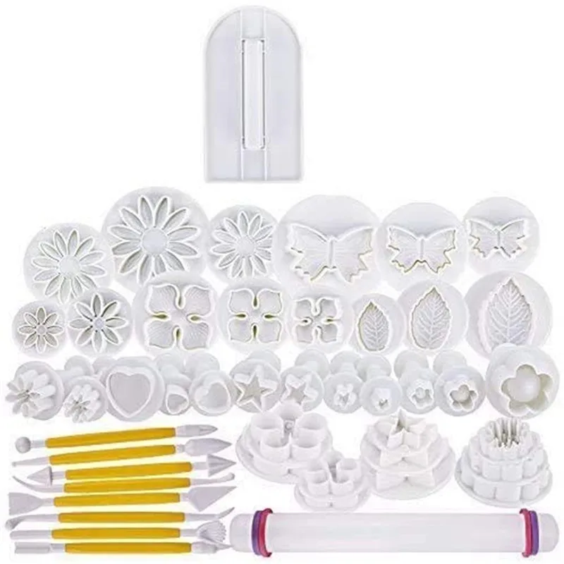 46 Pcs Fondant Cutters Tools Catalina Fondant Molds Cake Decorating Tool Set with Rolling Pin Smoother Embosser Moulds