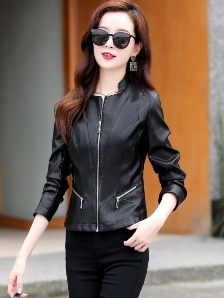 2023 Spring Autumn New Women Genuine Leather Jacket Female Short Korean Slim Sheep Leather Coat Trendy Stand Collar Outerwear