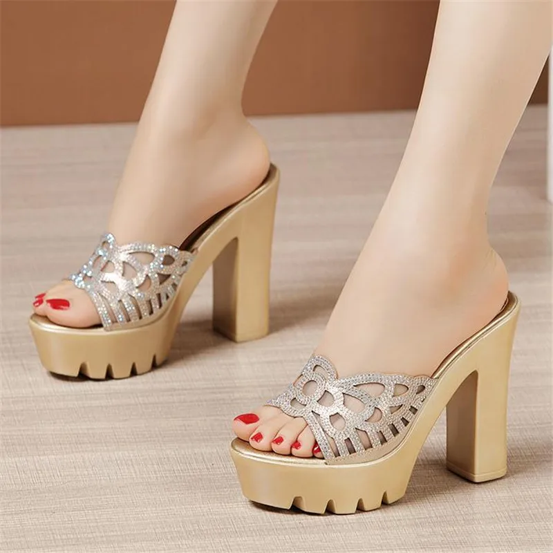 Platform Slippers Women Wedding Shoes Summer 2021 High Heels Slides Ladies Slippers Gold Black, silver Plus Size 32-43