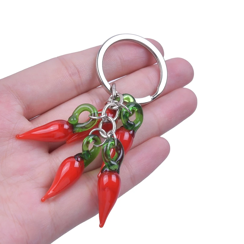 LLavero con colgante de chile vegetal de cristal creativo para mujer, bolso DIY, cuerno de la suerte, cuentas de pimiento rojo, joyería Llaveros a granel, 1 ud.
