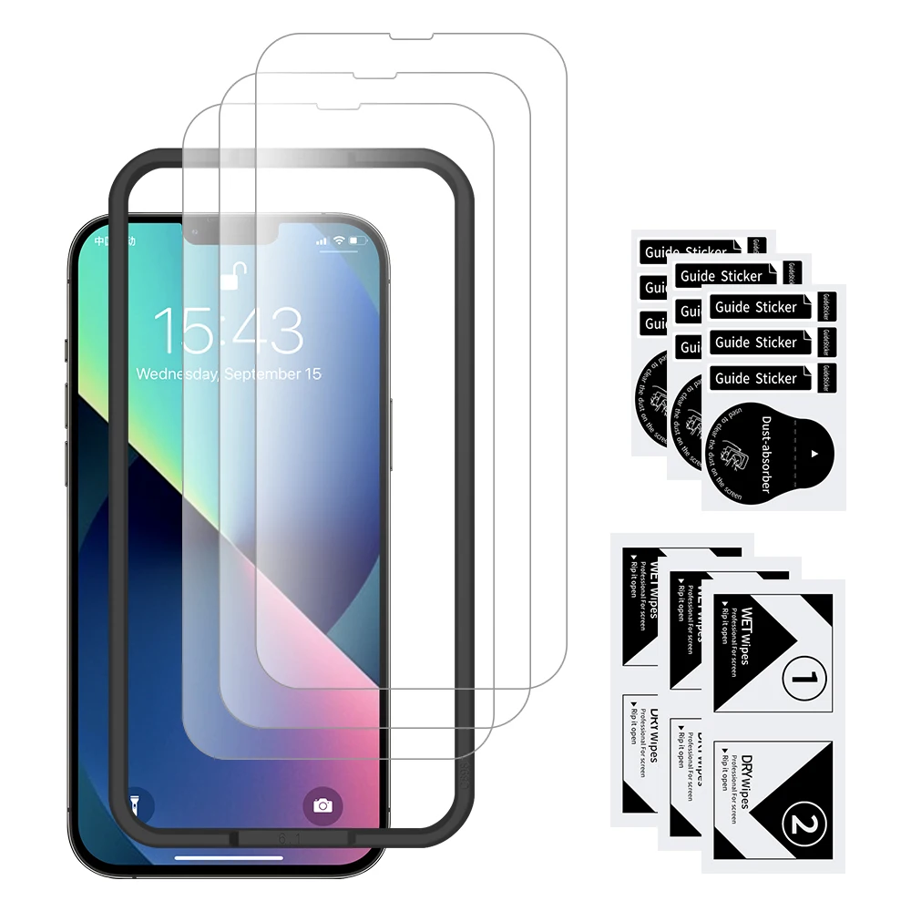 1/2/3 Pack Full Cover Screen Protector 9H Clear Tempered Glass Film For iPhone 13 13 mini 13 Pro Max With Installation Frame