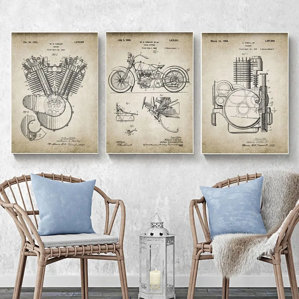 Engine Patent Vintage Prints Poster Motorcycle Artwork Canvas Art Painting Wall Pictures For Living Room Home Decor