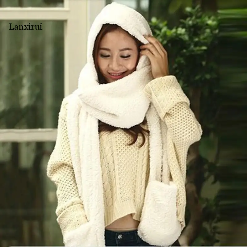 New Fashion Hooded Scarf Hat Glove Hot Sale 3 Piece Sets Women Winter Warm Soft Hood Scarf Snood Pocket Hats Gloves