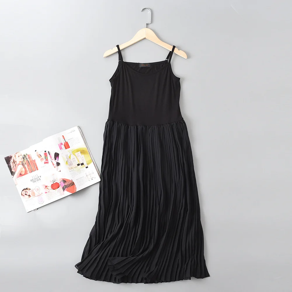 New Spring Summer Pleated Chiffon Dress Long Camisole Base Nightdress Modal Stitching Nightgown Women Loose Homewear Vestidos