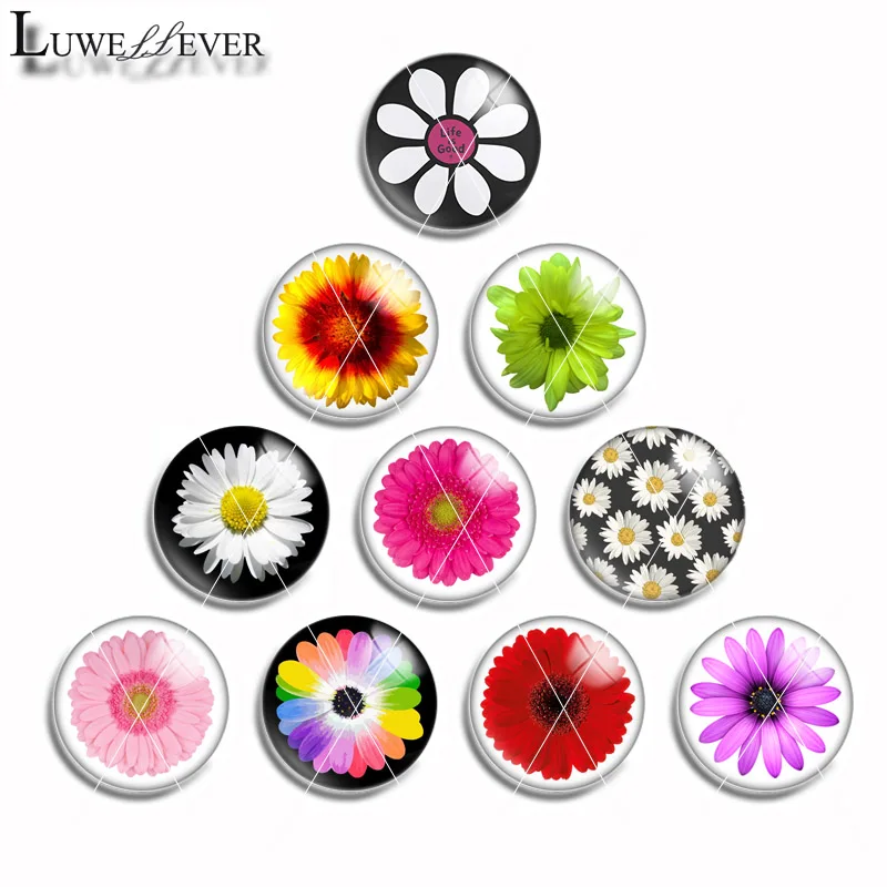 10mm 12mm 14mm 16mm 20mm 25mm 463 10pcs/lot Daisy Mix Round Glass Cabochon Jewelry Finding 18mm Snap Button Charm Bracelet